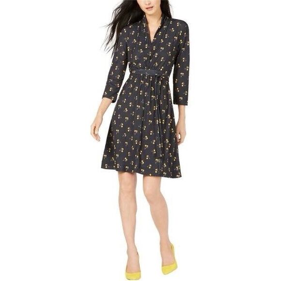 French Connection Size 6 V-Neck Tie Waist Day Dress Ditsy Blue Yellow NWT $118 - Picture 4 of 6